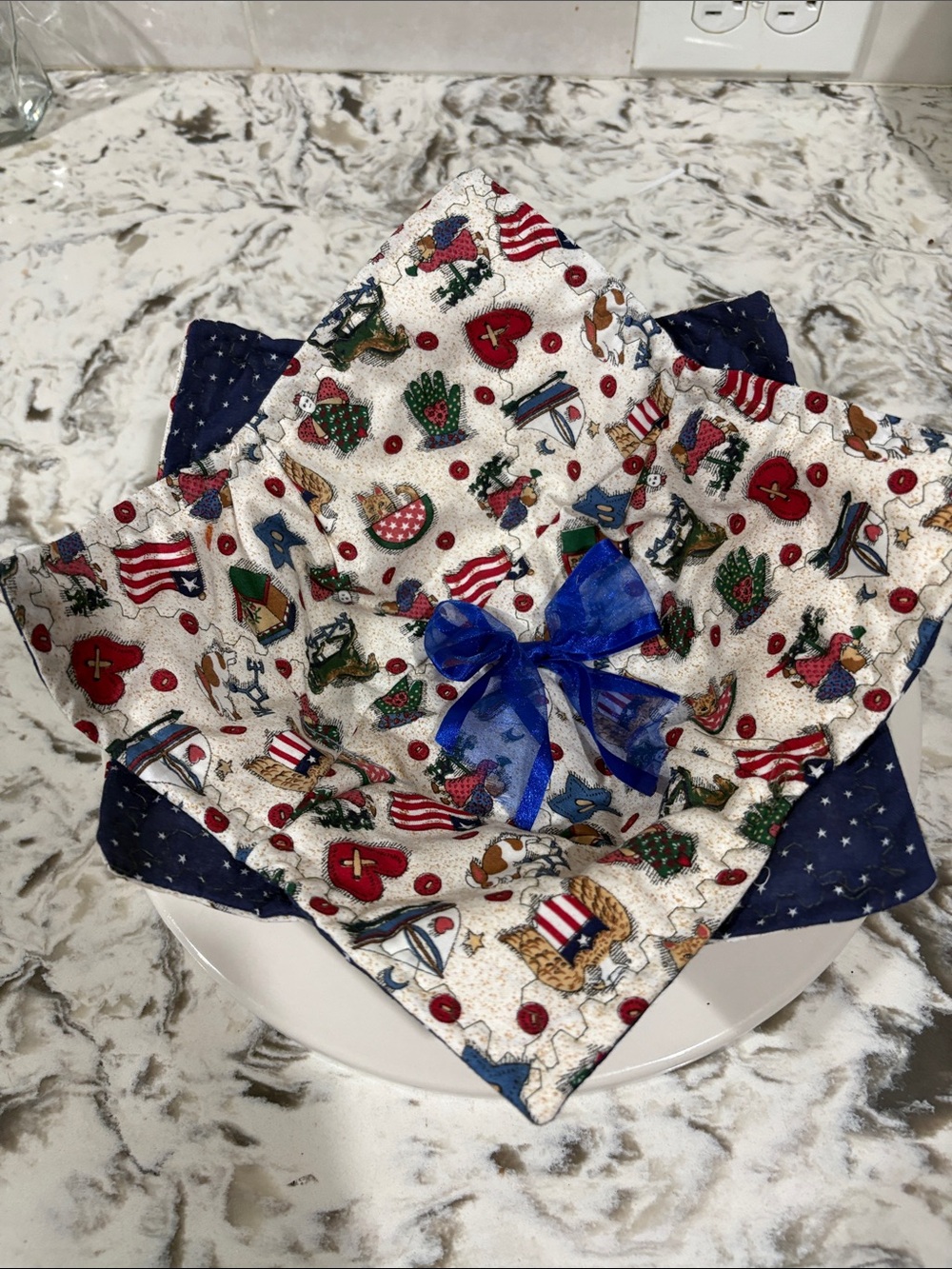Set of 2 Decorative Patriotic Fabric Bowl cozies Liner - Blue & White